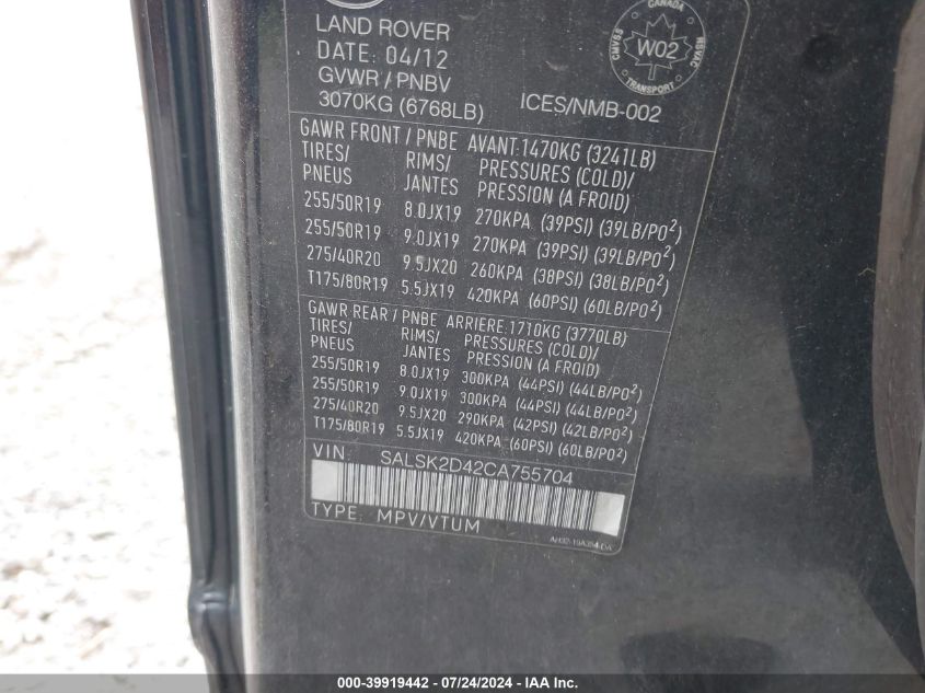 2012 Land Rover Range Rover Sport Hse VIN: SALSK2D42CA755704 Lot: 39919442