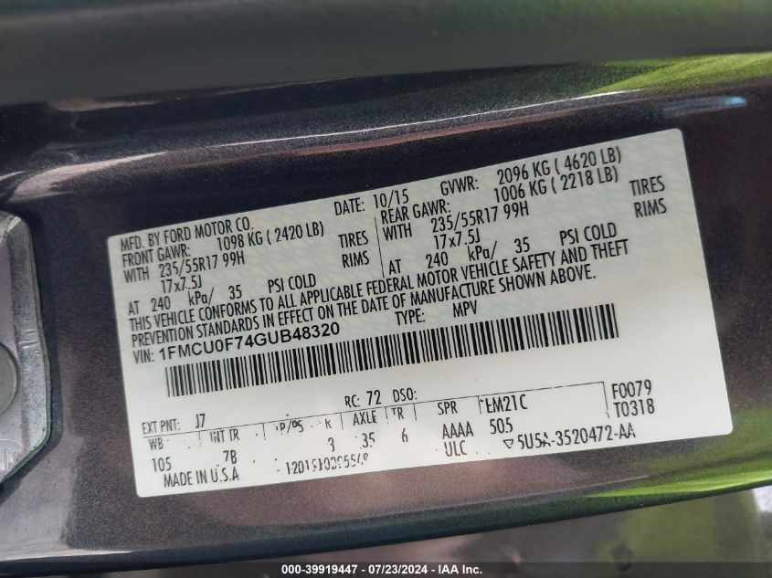 2016 Ford Escape S VIN: 1FMCU0F74GUB48320 Lot: 39919447