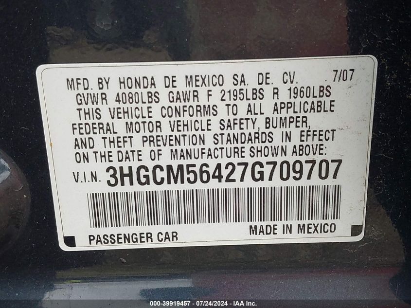 2007 Honda Accord 2.4 Lx VIN: 3HGCM56427G709707 Lot: 39919457