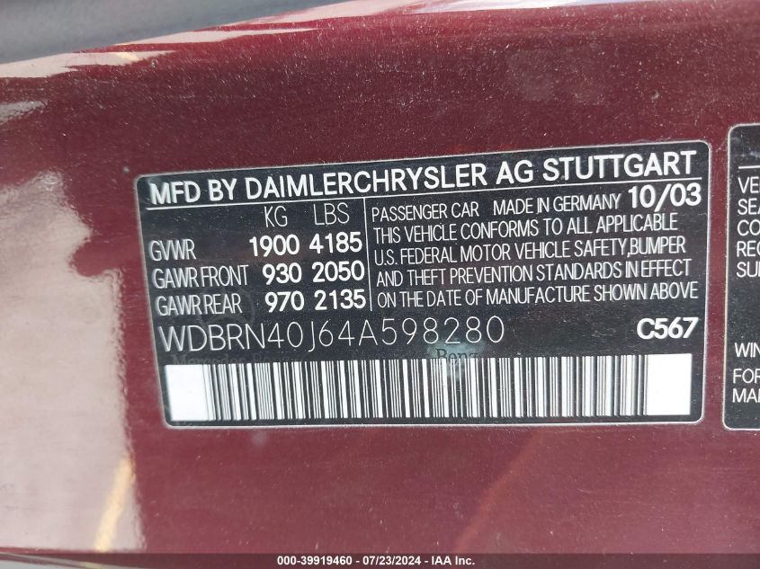 2004 Mercedes-Benz C 230K Sport Coupe VIN: WDBRN40J64A598280 Lot: 39919460