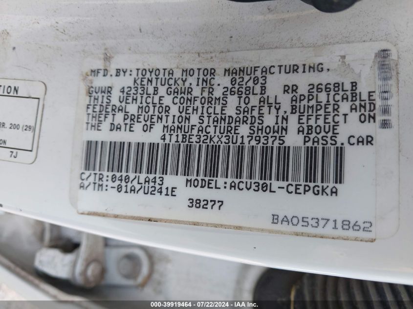 2003 Toyota Camry Xle VIN: 4T1BE32KX3U179375 Lot: 39919464