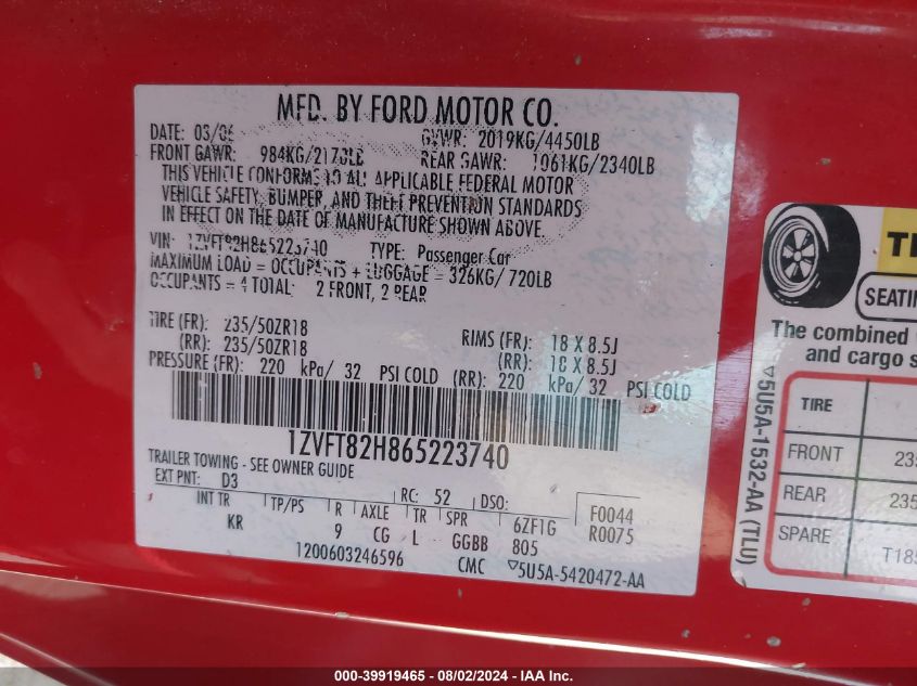 2006 Ford Mustang Gt VIN: 1ZVFT82H865223740 Lot: 39919465