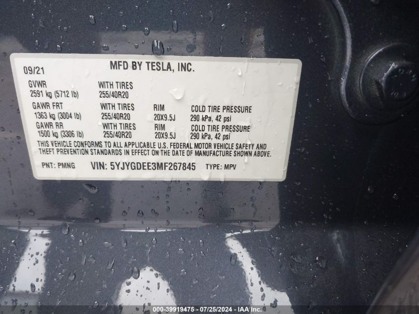 2021 Tesla Model Y Long Range Dual Motor All-Wheel Drive VIN: 5YJYGDEE3MF267845 Lot: 39919475