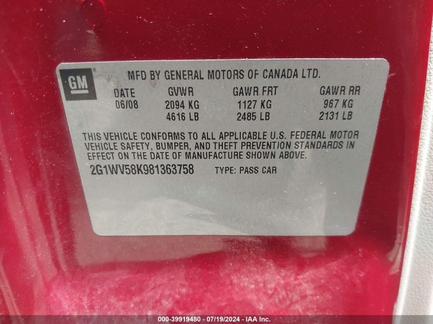 2008 Chevrolet Impala Lt VIN: 2G1WV58K981363758 Lot: 39919480