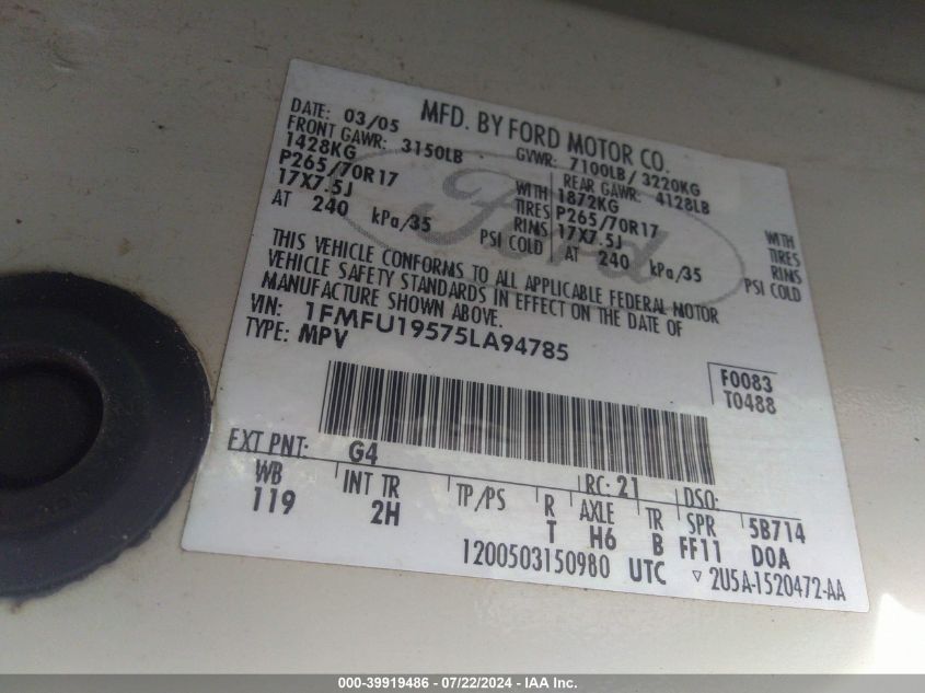 2005 Ford Expedition Limited VIN: 1FMFU19575LA94785 Lot: 39919486