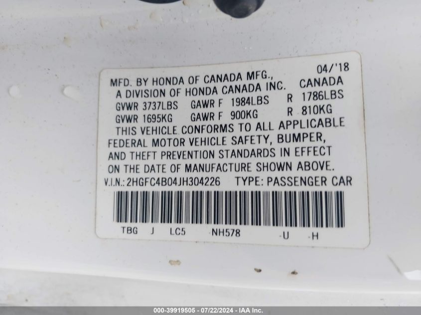 2018 Honda Civic Lx-P VIN: 2HGFC4B04JH304226 Lot: 39919505
