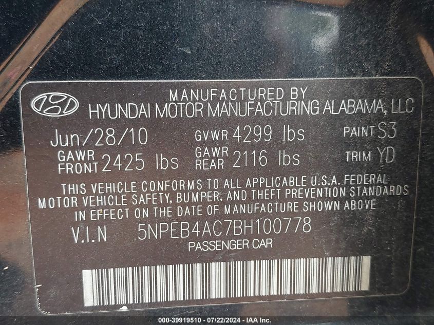 2011 Hyundai Sonata Gls VIN: 5NPEB4AC7BH100778 Lot: 39919510