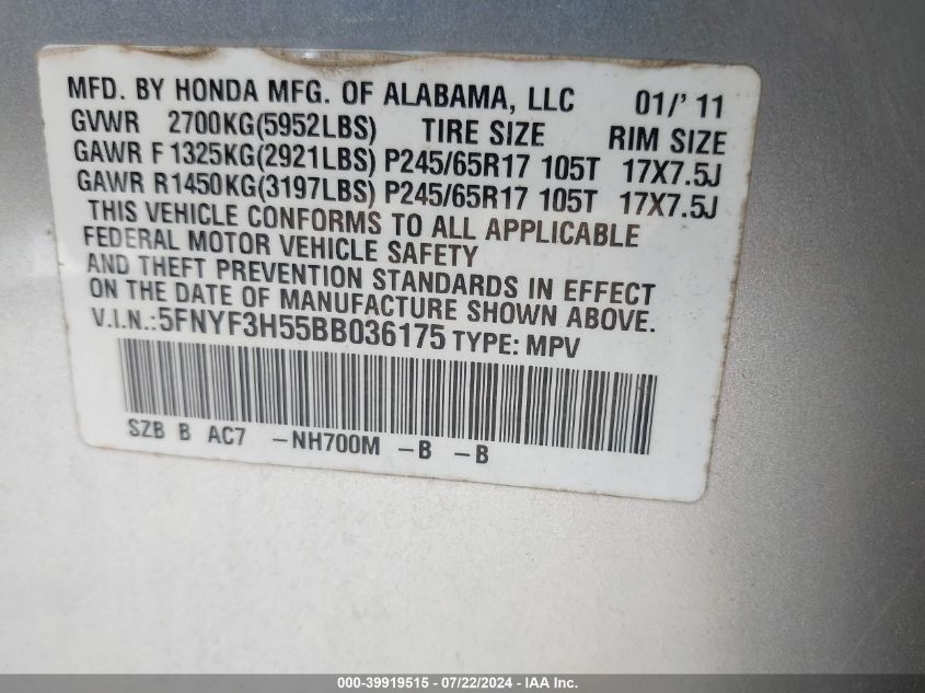 2011 Honda Pilot Ex-L VIN: 5FNYF3H55BB036175 Lot: 39919515