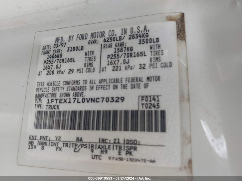 1997 Ford F-150 Lariat/Xl/Xlt VIN: 1FTEX17L0VNC70329 Lot: 39919553