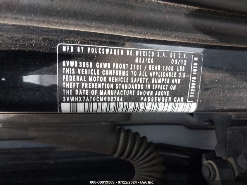 2012 Volkswagen Beetle 2.5L VIN: 3VWHX7AT0CM632754 Lot: 39919569