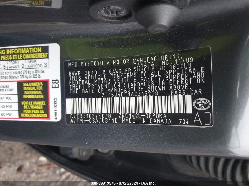 2010 Toyota Corolla Le VIN: 2T1BU4EE1AC315258 Lot: 39919575