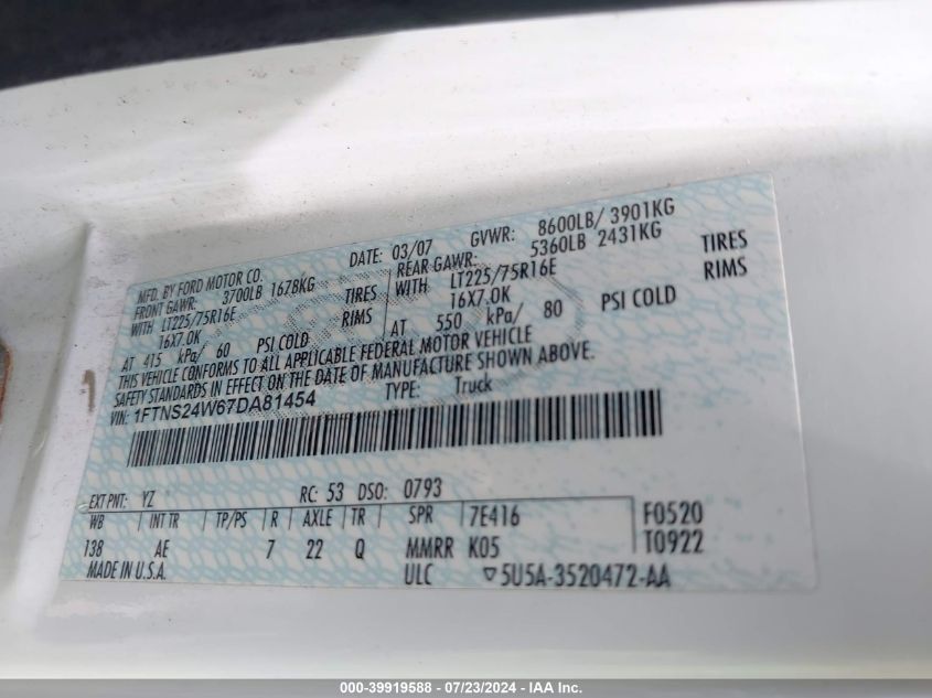 2007 Ford E-250 Commercial/Recreational VIN: 1FTNS24W67DA81454 Lot: 39919588