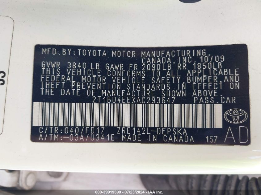 2010 Toyota Corolla S VIN: 2T1BU4EEXAC293647 Lot: 39919590