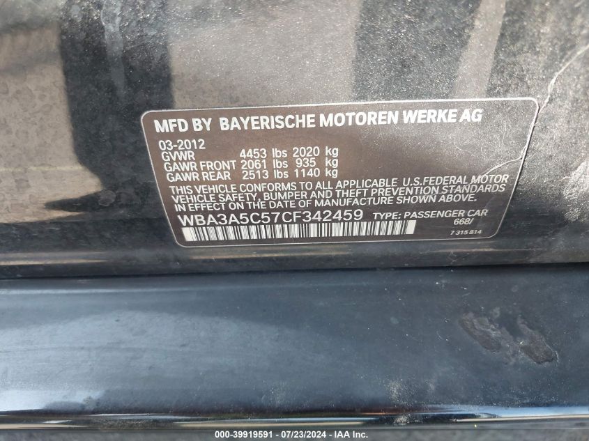 2012 BMW 328I VIN: WBA3A5C57CF342459 Lot: 39919591