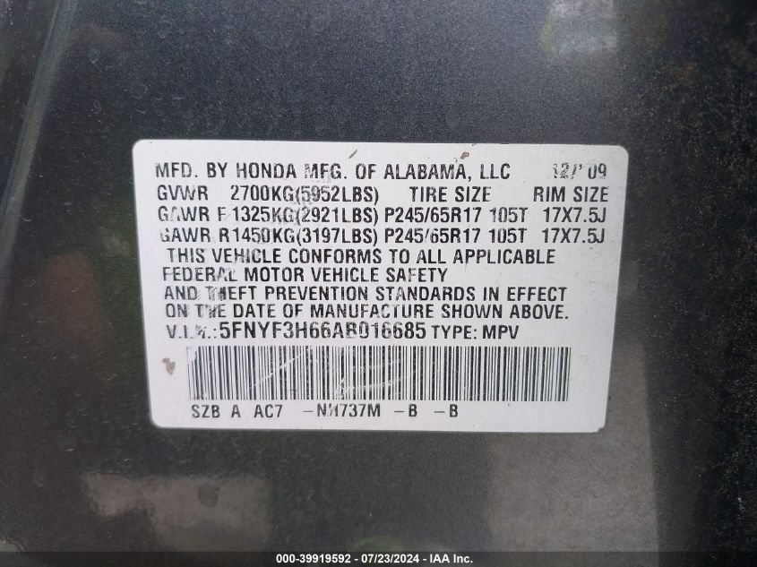 2010 Honda Pilot Ex-L VIN: 5FNYF3H66AB016685 Lot: 39919592