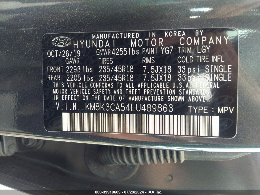 2020 Hyundai Kona Limited VIN: KM8K3CA54LU489863 Lot: 39919609