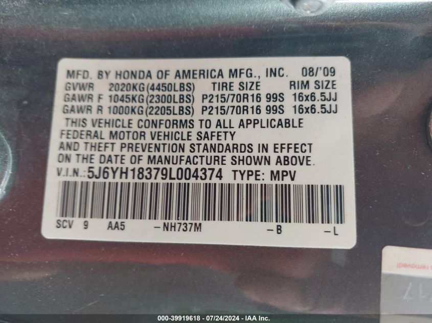 2009 Honda Element Lx VIN: 5J6YH18379L004374 Lot: 39919618