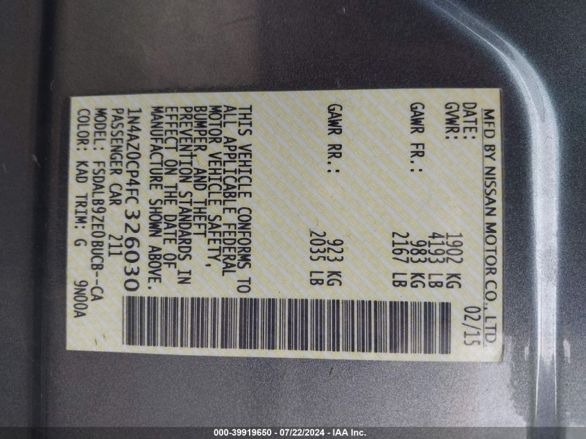 2015 Nissan Leaf S VIN: 1N4AZ0CP4FC326030 Lot: 39919650