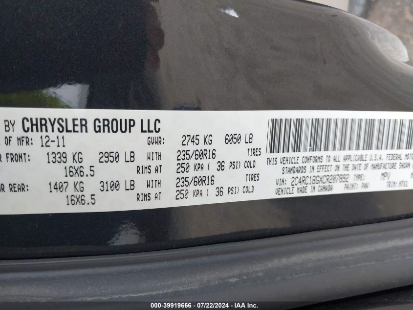 2012 Chrysler Town & Country Touring VIN: 2C4RC1BGXCR207892 Lot: 39919666