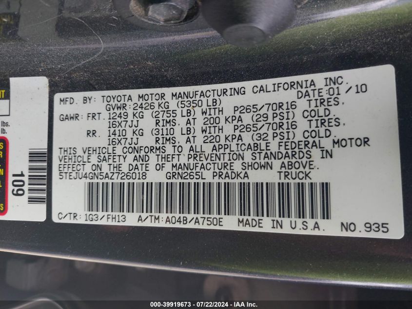 2010 Toyota Tacoma Prerunner V6 VIN: 5TEJU4GN5AZ726018 Lot: 39919673