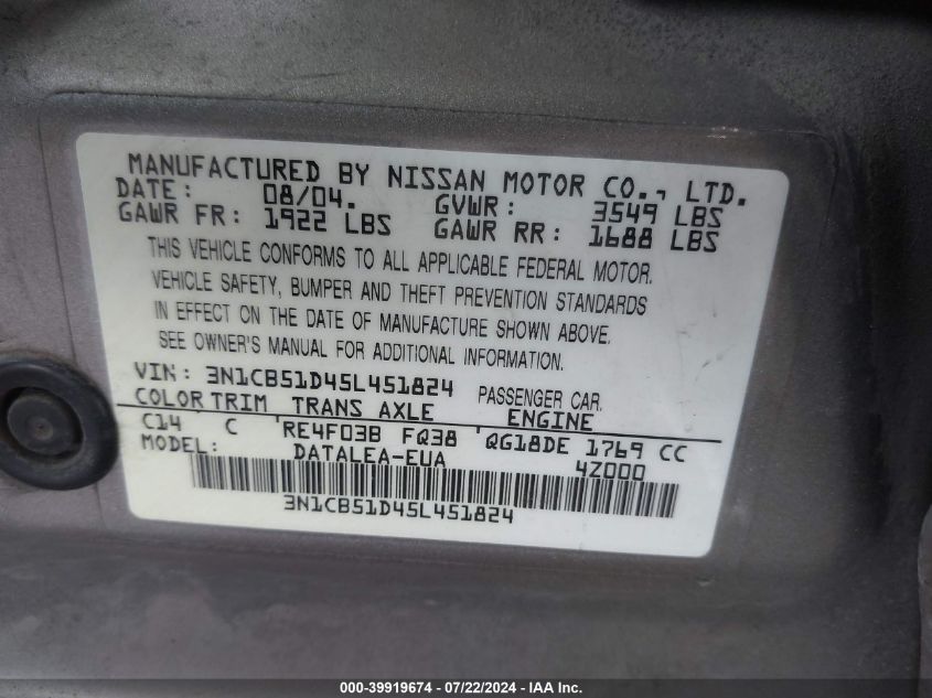 2005 Nissan Sentra 1.8S VIN: 3N1CB51D45L451824 Lot: 39919674