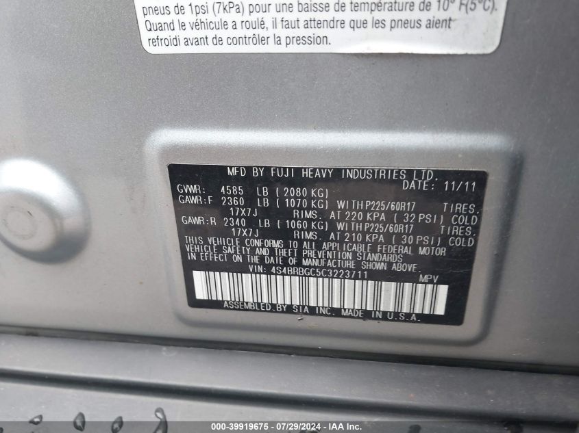 2012 Subaru Outback 2.5I Premium VIN: 4S4BRBGC5C3223711 Lot: 39919675