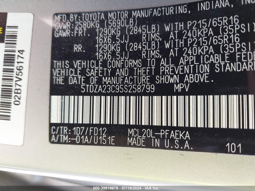 2005 Toyota Sienna Ce VIN: 5TDZA23C95S258799 Lot: 39919679