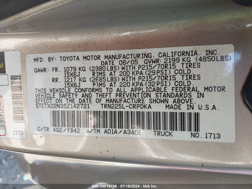 2005 Toyota Tacoma VIN: 5TETX22N35Z142721 Lot: 39919706