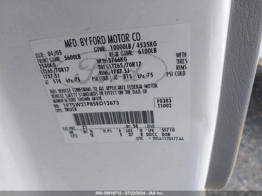 2005 Ford F-250 Lariat/Xl/Xlt VIN: 1FTSW21P85ED12673 Lot: 39919712