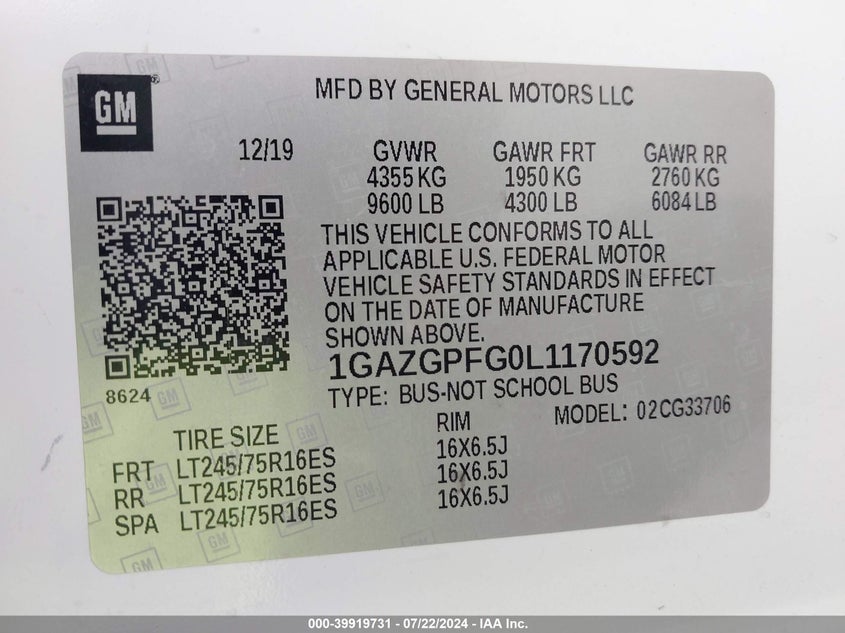 2020 CHEVROLET EXPRESS PASSENGER RWD 3500 EXTENDED WHEELBASE LT 1GAZGPFG0L1170592