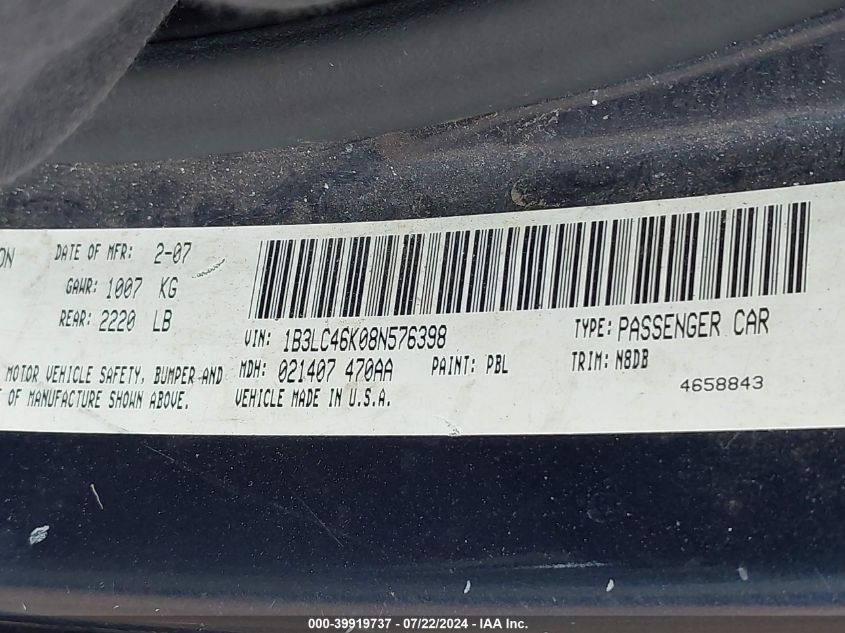 2008 Dodge Avenger Se VIN: 1B3LC46K08N576398 Lot: 39919737