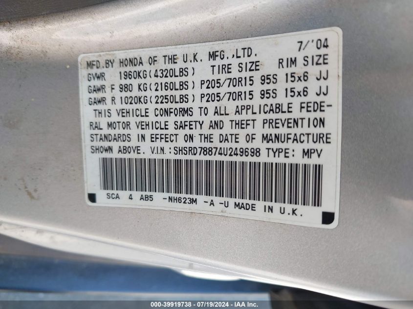 2004 Honda Cr-V Ex VIN: SHSRD78874U249698 Lot: 39919738