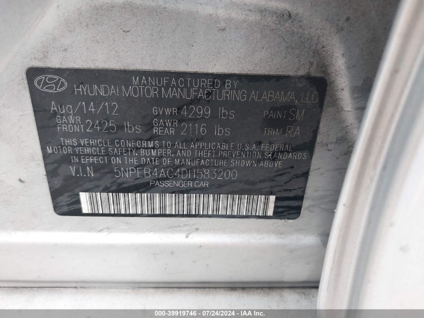 2013 Hyundai Sonata Gls VIN: 5NPEB4AC4DH583200 Lot: 39919746