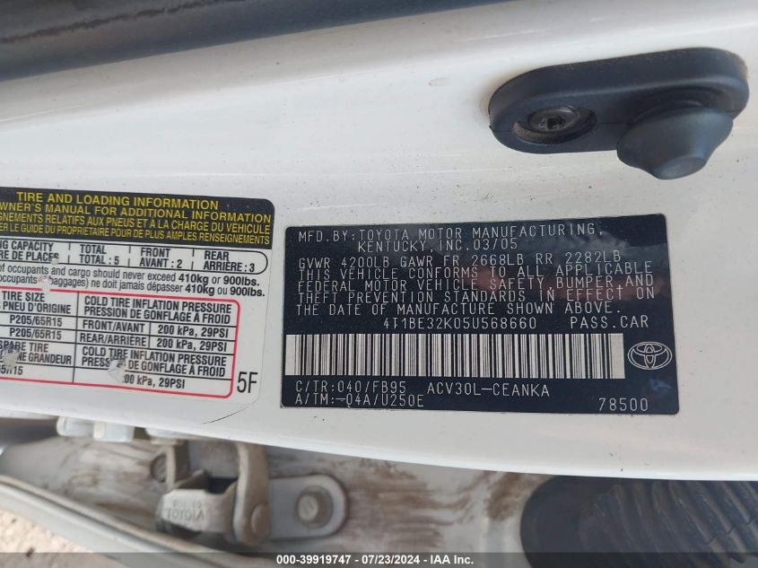 2005 Toyota Camry Le VIN: 4T1BE32K05U568660 Lot: 39919747