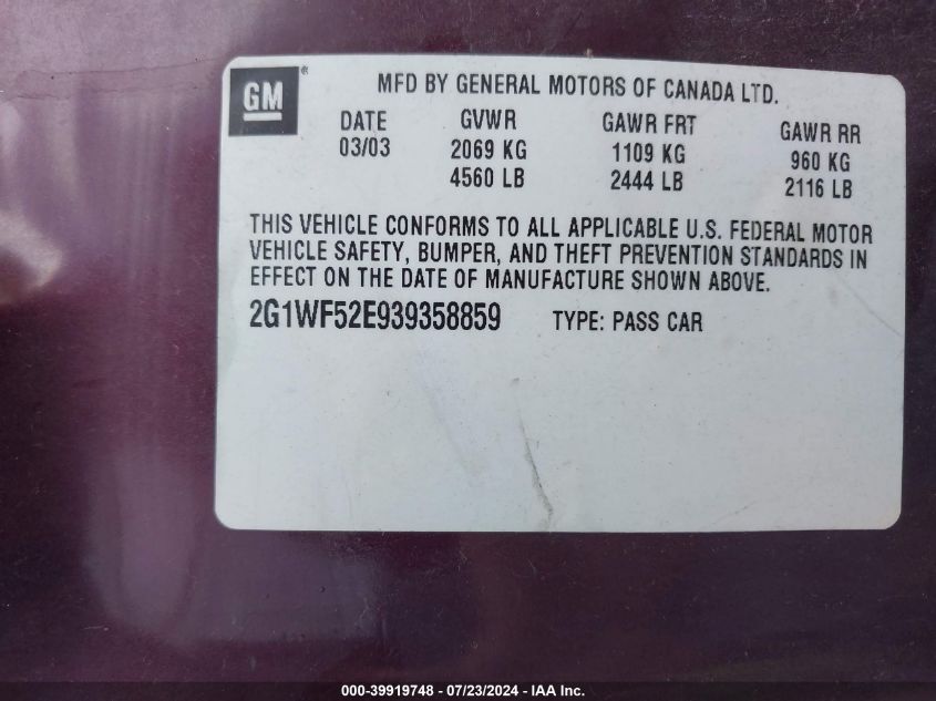 2003 Chevrolet Impala VIN: 2G1WF52E939358859 Lot: 39919748