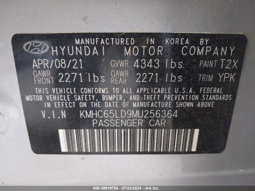 2021 Hyundai Ioniq Plug-In Hybrid Se VIN: KMHC65LD9MU256364 Lot: 39919755