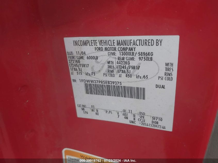 2005 Ford F-350 Lariat/Xl/Xlt VIN: 1FDWW37P85EB39375 Lot: 39919762