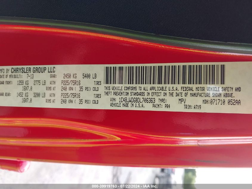 2013 Jeep Wrangler Unlimited Sport VIN: 1C4BJWDG8DL706363 Lot: 39919763