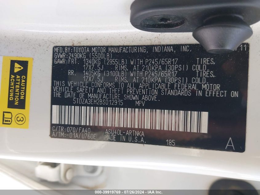 2011 Toyota Highlander VIN: 5TDZA3EH2BS012915 Lot: 39919769
