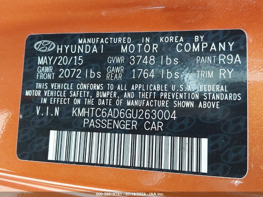 2016 Hyundai Veloster VIN: KMHTC6AD6GU263004 Lot: 39919781