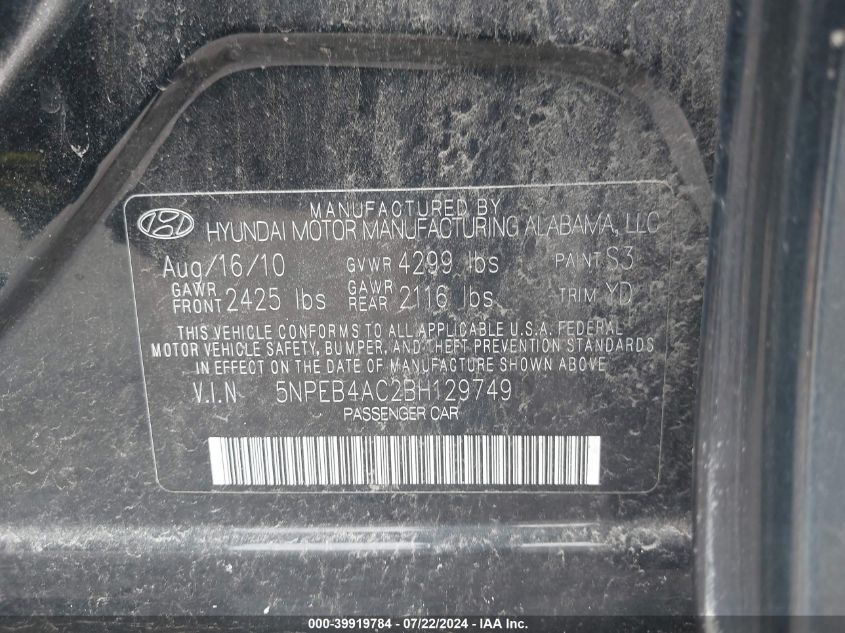 2011 Hyundai Sonata Gls VIN: 5NPEB4AC2BH129749 Lot: 39919784