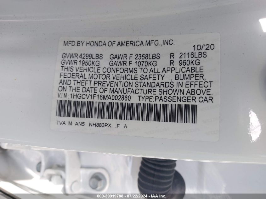 2021 Honda Accord Lx VIN: 1HGCV1F16MA002860 Lot: 39919788