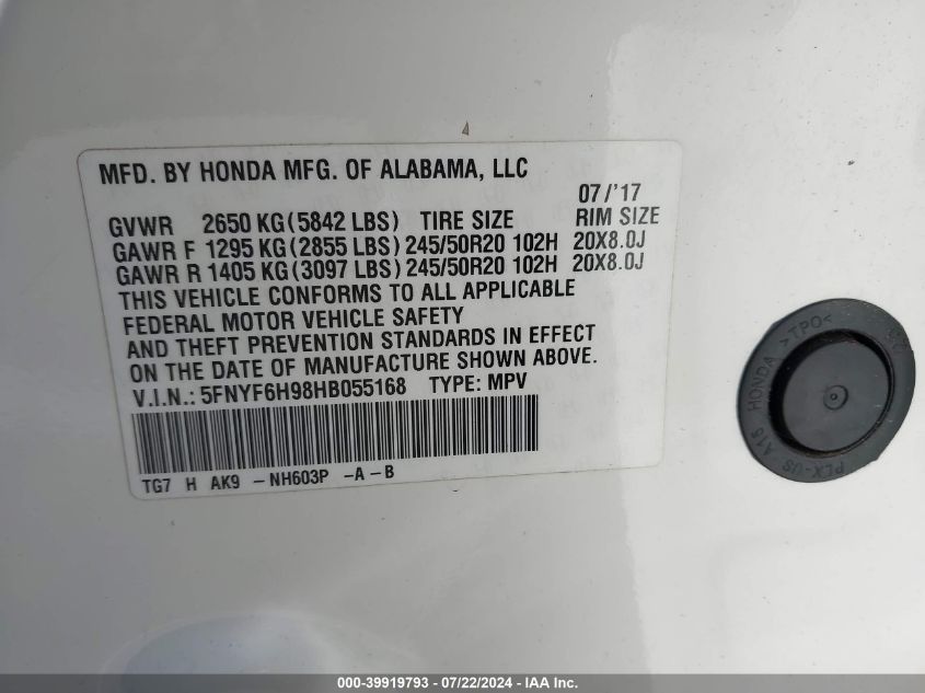 2017 Honda Pilot Touring VIN: 5FNYF6H98HB055168 Lot: 39919793