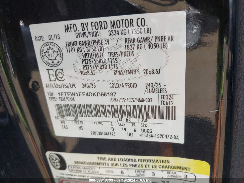 2013 Ford F-150 Xlt VIN: 1FTFW1EF4DKD98187 Lot: 39919799