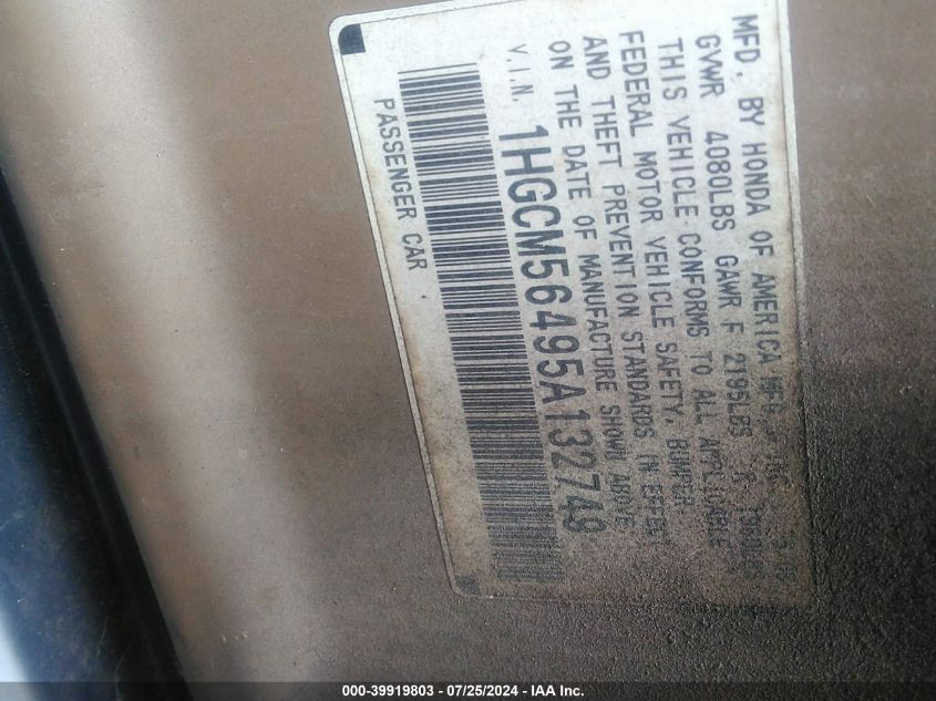 2005 Honda Accord 2.4 Lx VIN: 1HGCM56495A132749 Lot: 39919803