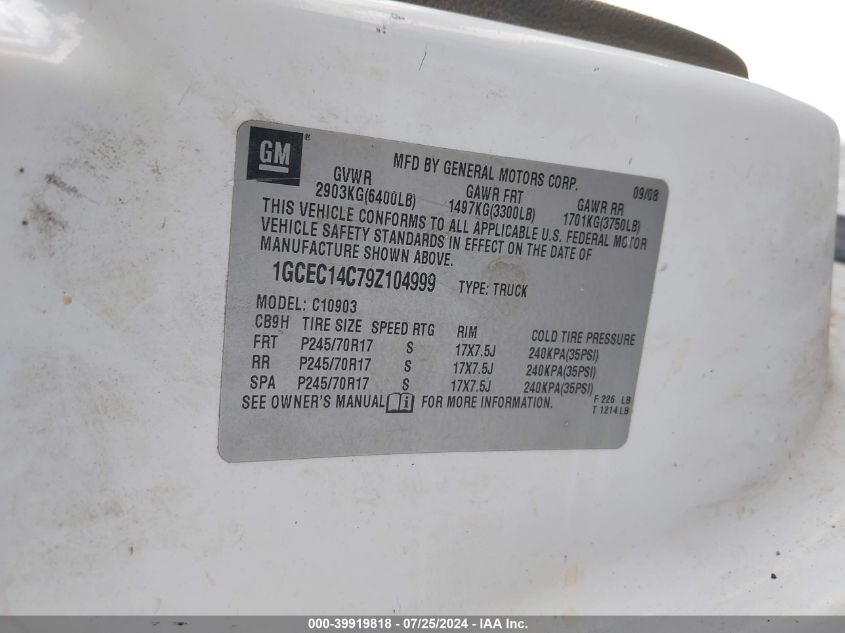 2009 Chevrolet Silverado 1500 Work Truck VIN: 1GCEC14C79Z104999 Lot: 39919818