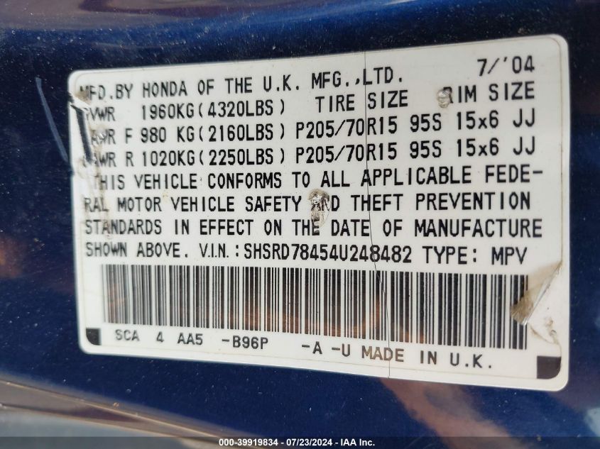 2004 Honda Cr-V Lx VIN: SHSRD78454U248482 Lot: 39919834