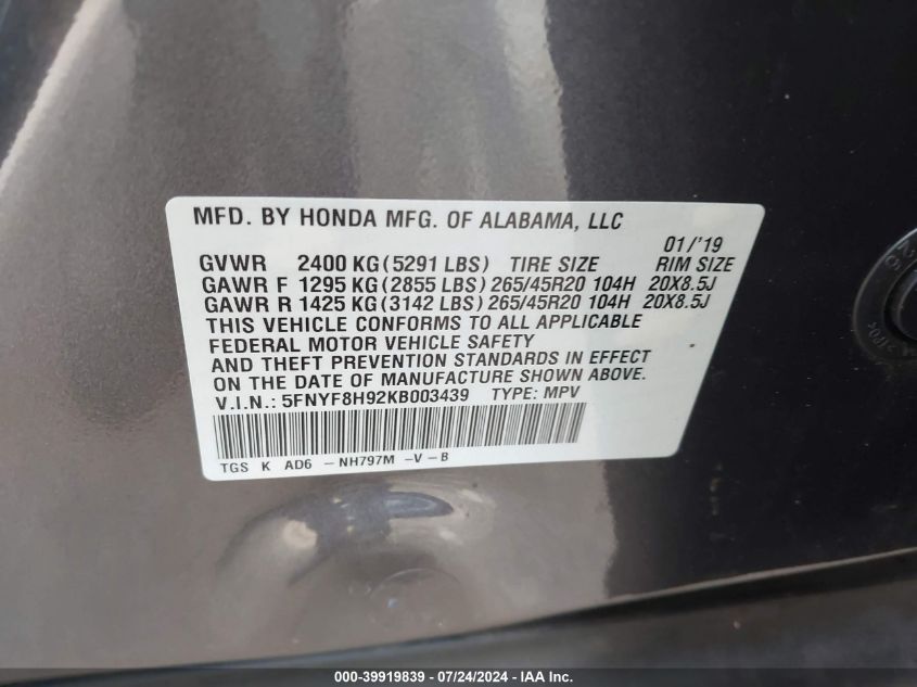 2019 Honda Passport Touring VIN: 5FNYF8H92KB003439 Lot: 39919839