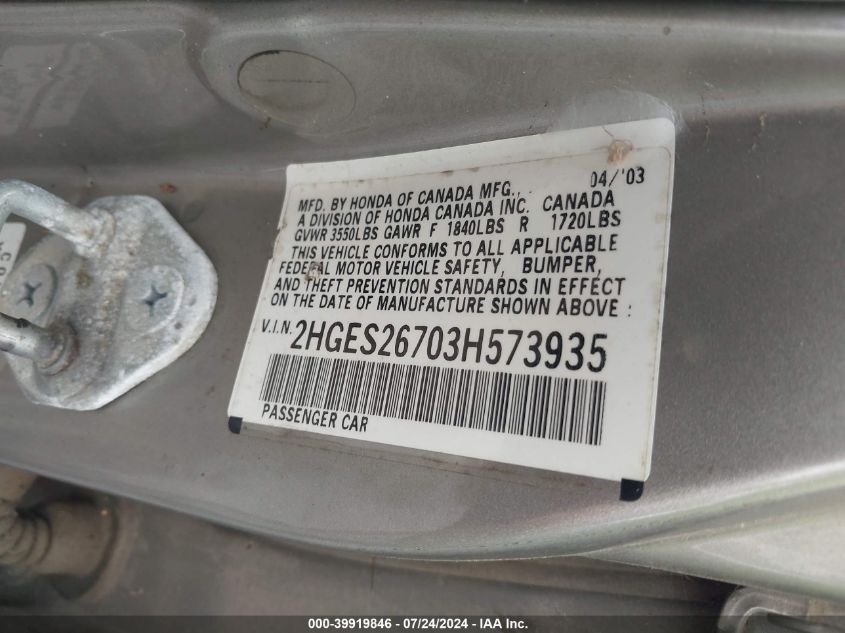 2003 Honda Civic Ex VIN: 2HGES26703H573935 Lot: 39919846