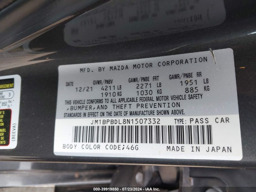 2022 Mazda Mazda3 Premium VIN: JM1BPBDL8N1507332 Lot: 39919850